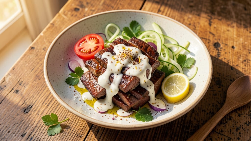 Beef Shawarma Salad Recipe: Crispy Celery Crowns Over Spiced Yogurt Dressing