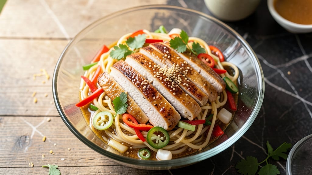 Asian Chicken Pasta Salad Recipe: Warm Soy-Glazed Chicken Over Chilled Noodles