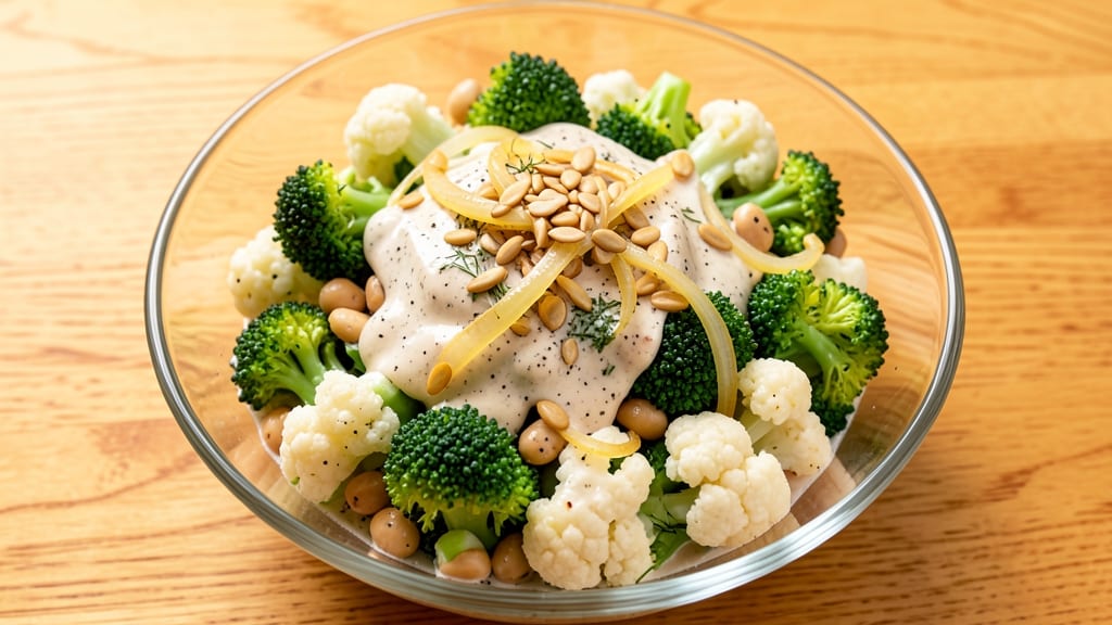 Broccoli Cauliflower Ranch Salad Recipe: Crisp-Topped Creamy Green Bowl