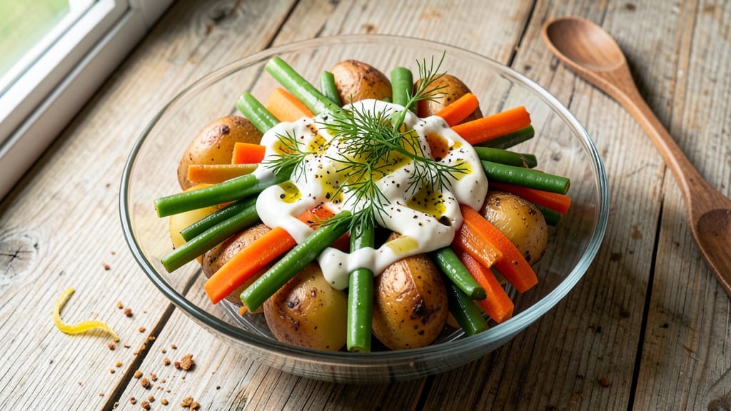 Boiled Vegetable Salad Recipe: Crisp Celery Crowns Over Cool Herb Yogurt Dressing