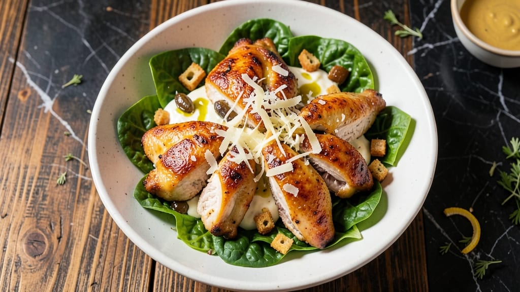 Baked Chicken Caesar Salad Recipe: Crispy Parmesan Crunch Over Herbed Cream Dressing