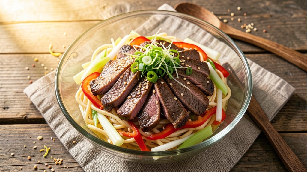 Beef Noodle Salad Recipe: Crisp Celery Crowns Over Umami-Packed Beef Bites