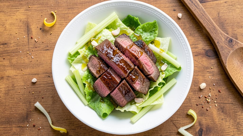 Beef Strip Salad Recipe: Seared Steak Strips Over Crunchy Celery Crowns