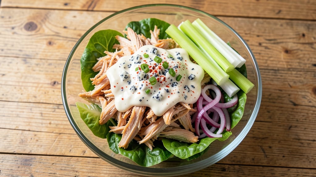 Buffalo Chicken Salad Recipe With Greek Yogurt: Crispy Celery Crowns Over Tangy Ranch Velout