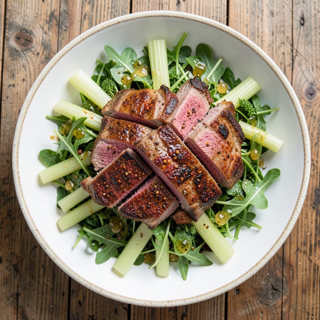 7 Pepper Sirloin Salad Recipe: Smoky Spice-Crusted Steak Over Crunchy Celery
