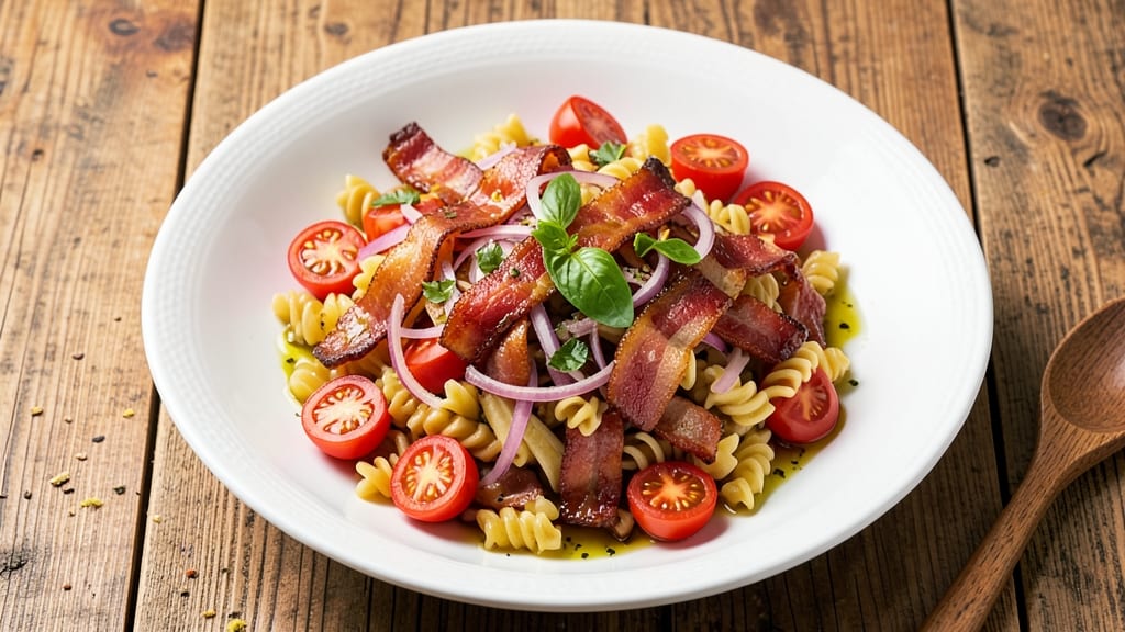 Bacon Tomato Pasta Salad Recipe: Smoky Crispy Bits Over Al Dente Noodles