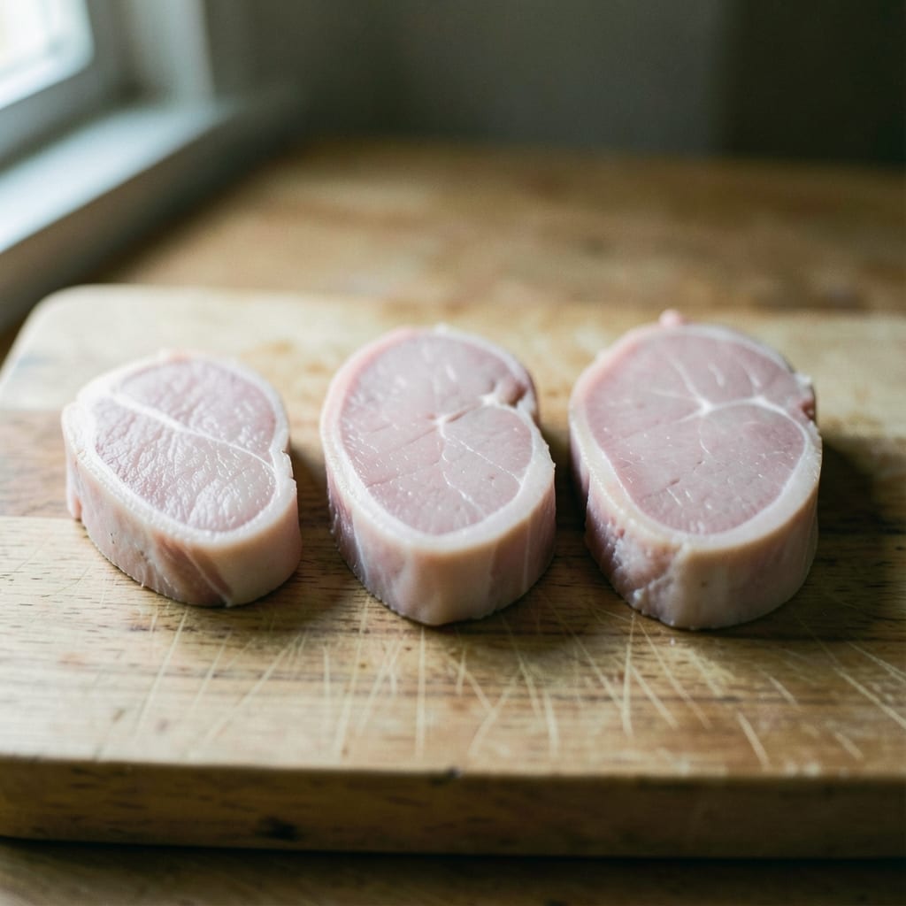 Three chops of different thickness, ready to be tested
