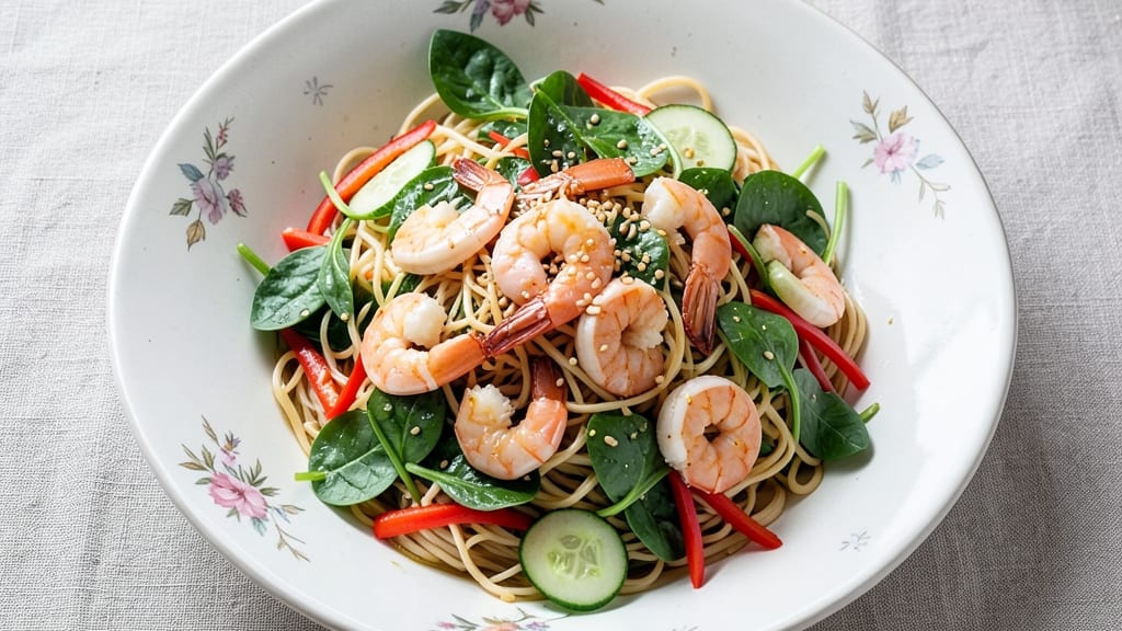 Asian Seafood Salad Recipe: Sesame-Soy Marinated Shrimp with Crunchy Rice Noodles