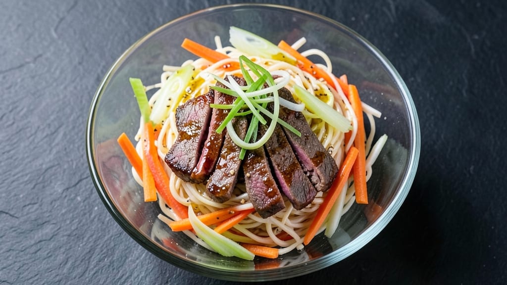 Asian Beef Noodle Salad Recipe: Crunchy Celery Crowns Over Tangy Sesame-Ginger Dressing