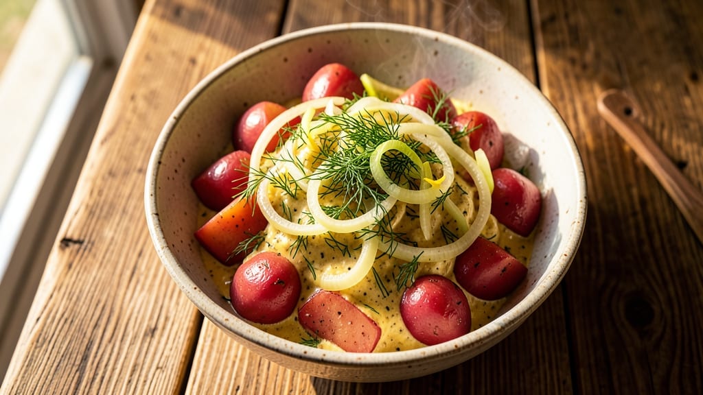 Bandanas Potato Salad Recipe: Crisp Celery Crowns Over Creamy Herb Velout