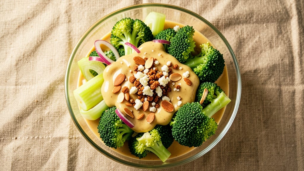Broccoli Salad Recipe Video: Crispy Celery Crowns Over Tangy Mustard Dressing